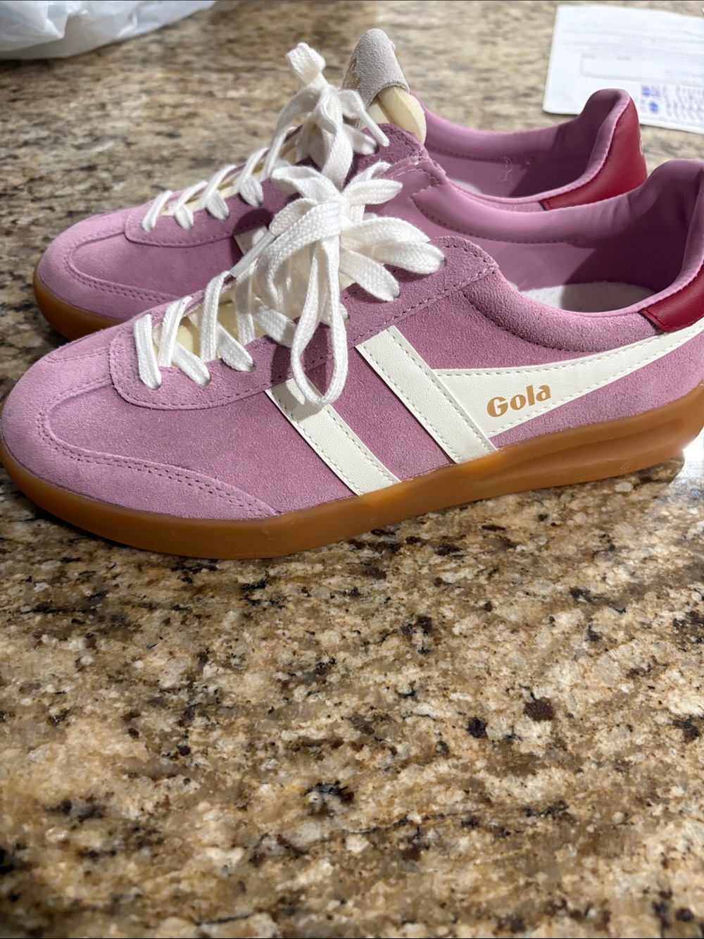 Gola Women's Pink Suede Sneakers with White Stripes and Gum Sole
